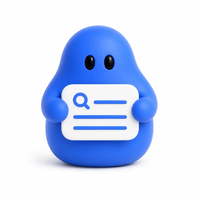 Blue AEO Bot holding a search results card